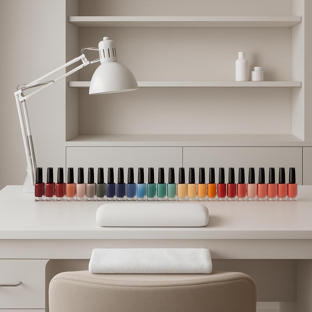 A white mani nail desk with beige chair, featuring an assortment of colored nail polish bottles. The bottles are arranged ...