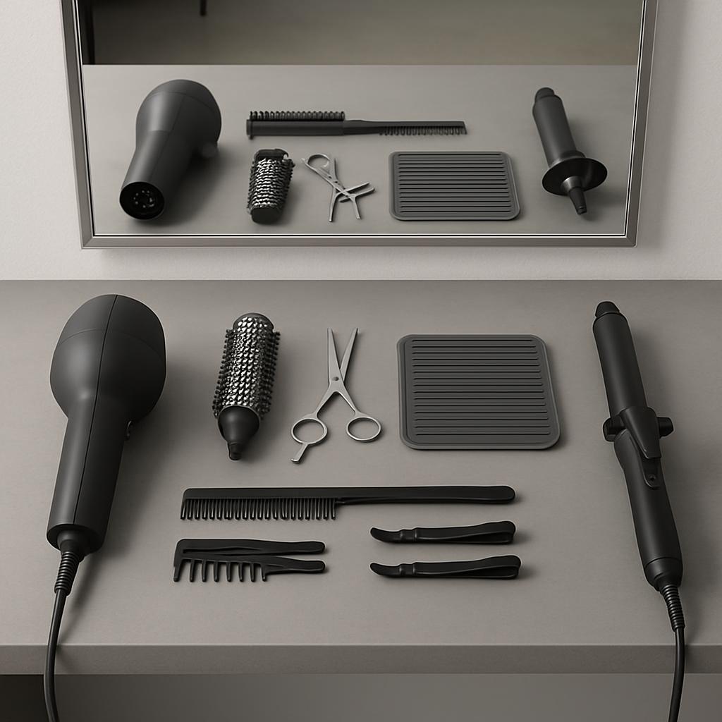 An array of hairstyling instruments, including a hair dryer, scissors, hairbrush, comb, mirror, and curling iron arranged ...