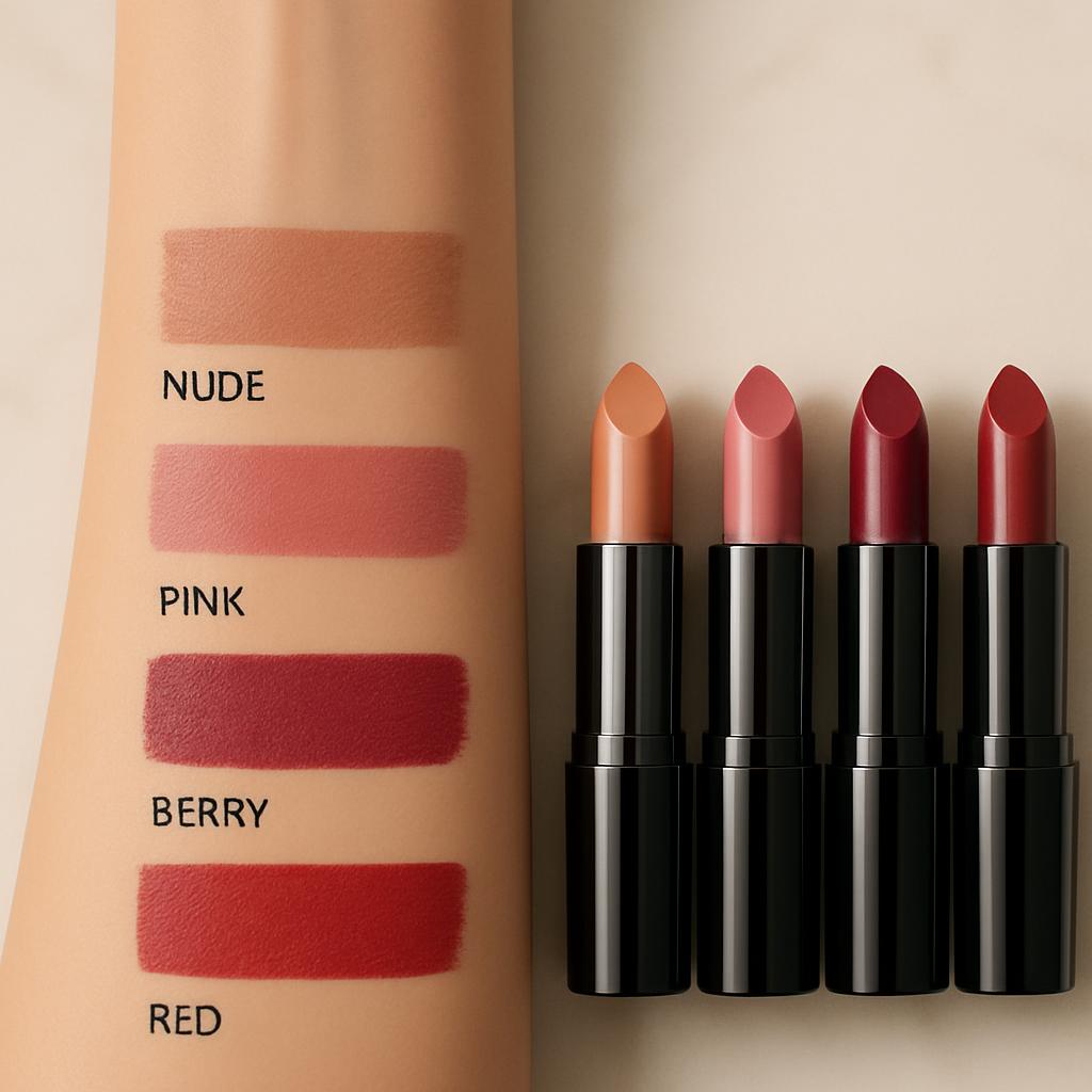 Swatches of various lipstick shades on a model's forearm next to four lipsticks in varying hues.